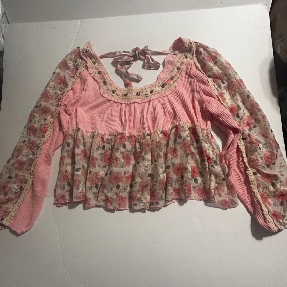 POL Pink Floral Mixed Media Babydoll Top Lace Trim Med Coquette Boho Chic Fairy